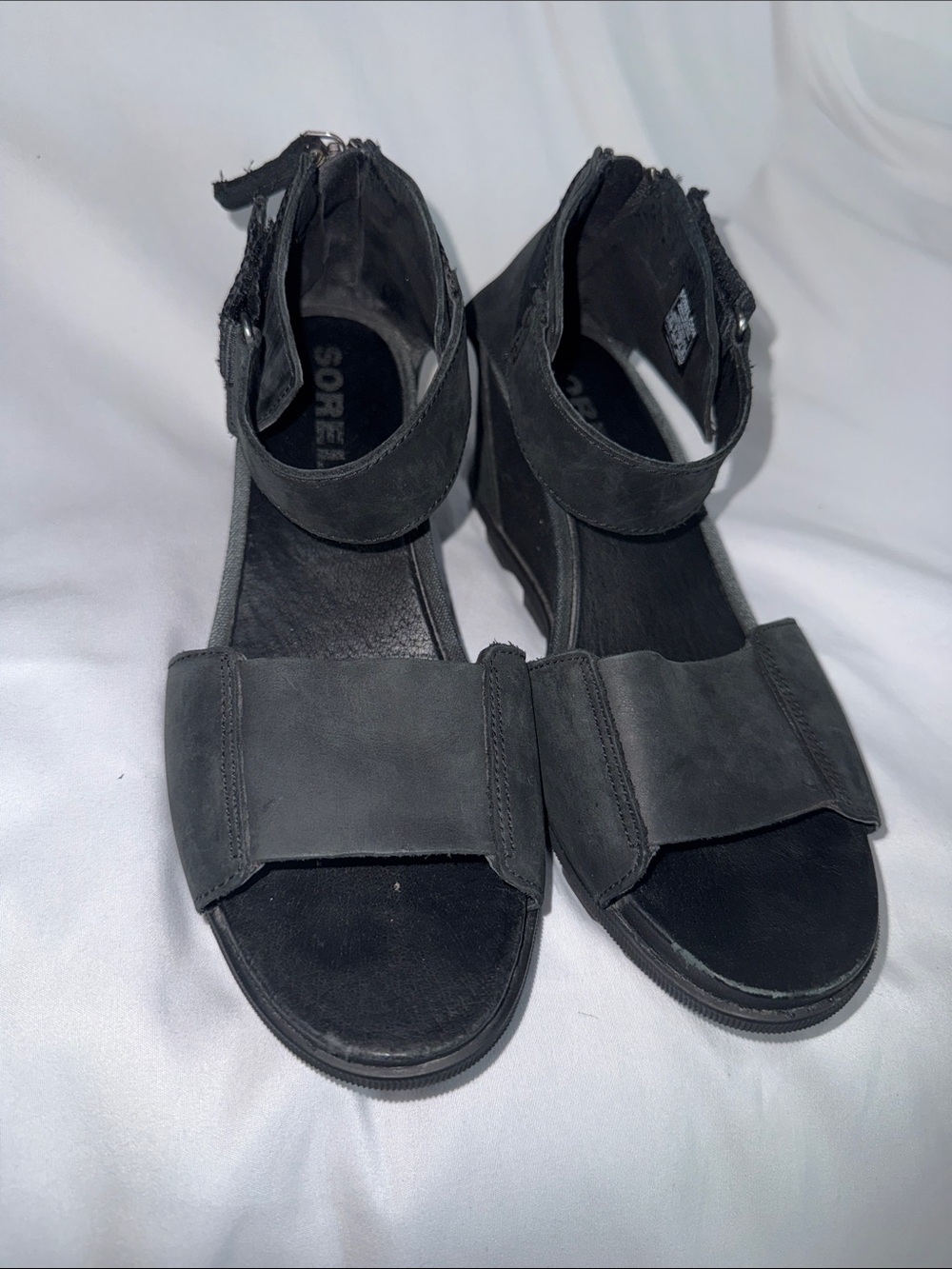 Sorel Black Nubuck Ankle Strap Wedge Sandals